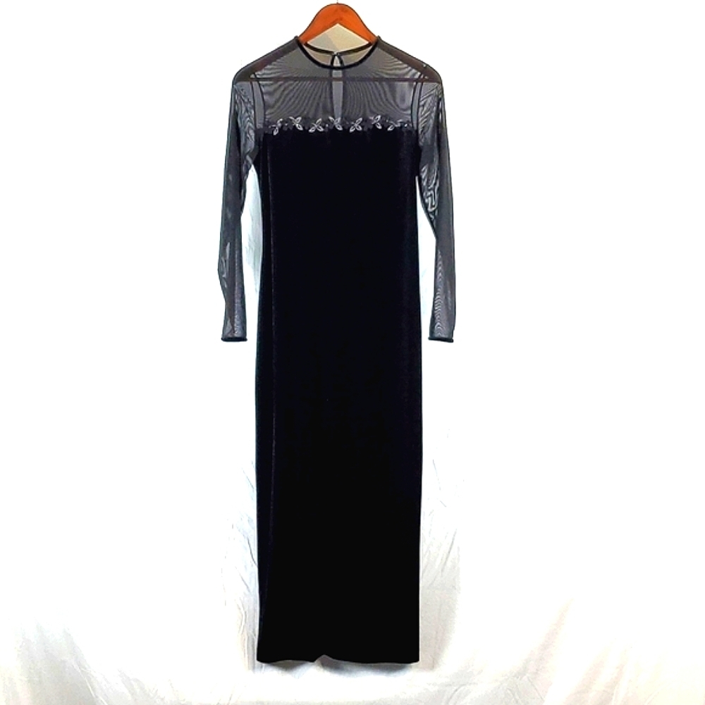 Robbie Bee Black Midi Dress with Floral Sheer Top